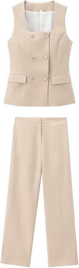 Women's Summer Elegant 2 Piece Sleeveless Double Breasted U Neck Vest Top Loose With Pocket Strai... | Amazon (US)