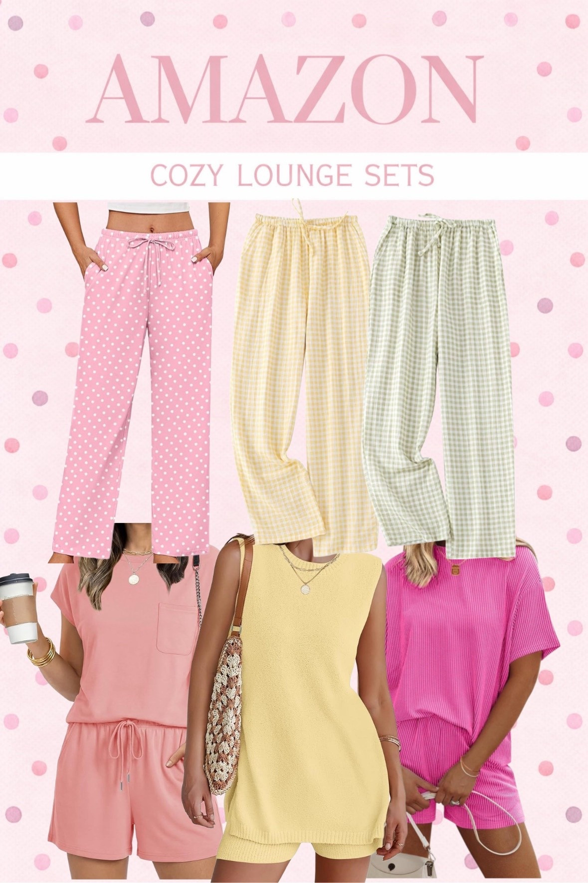 My most recent lounge set finds! Super cozy material bringing all the spring colors and aesthetic! Soft pinks, yellows, and polkadot. Super cozy and giving all the spring vibes!🙌🩷🌸 ￼

#LTKmorningroutine #LTKmomlife #LTKSpringSale