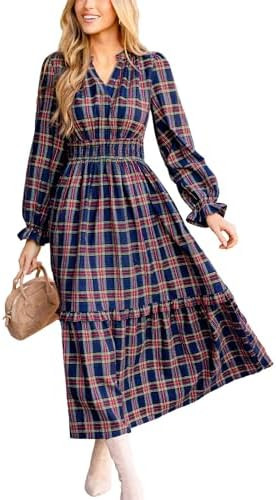 CUPSHE Women's Plaid Ruffle Maxi Dress V Neck Long Sleeve Smocked Waist Fall Casual Party Dresses | Amazon (US)