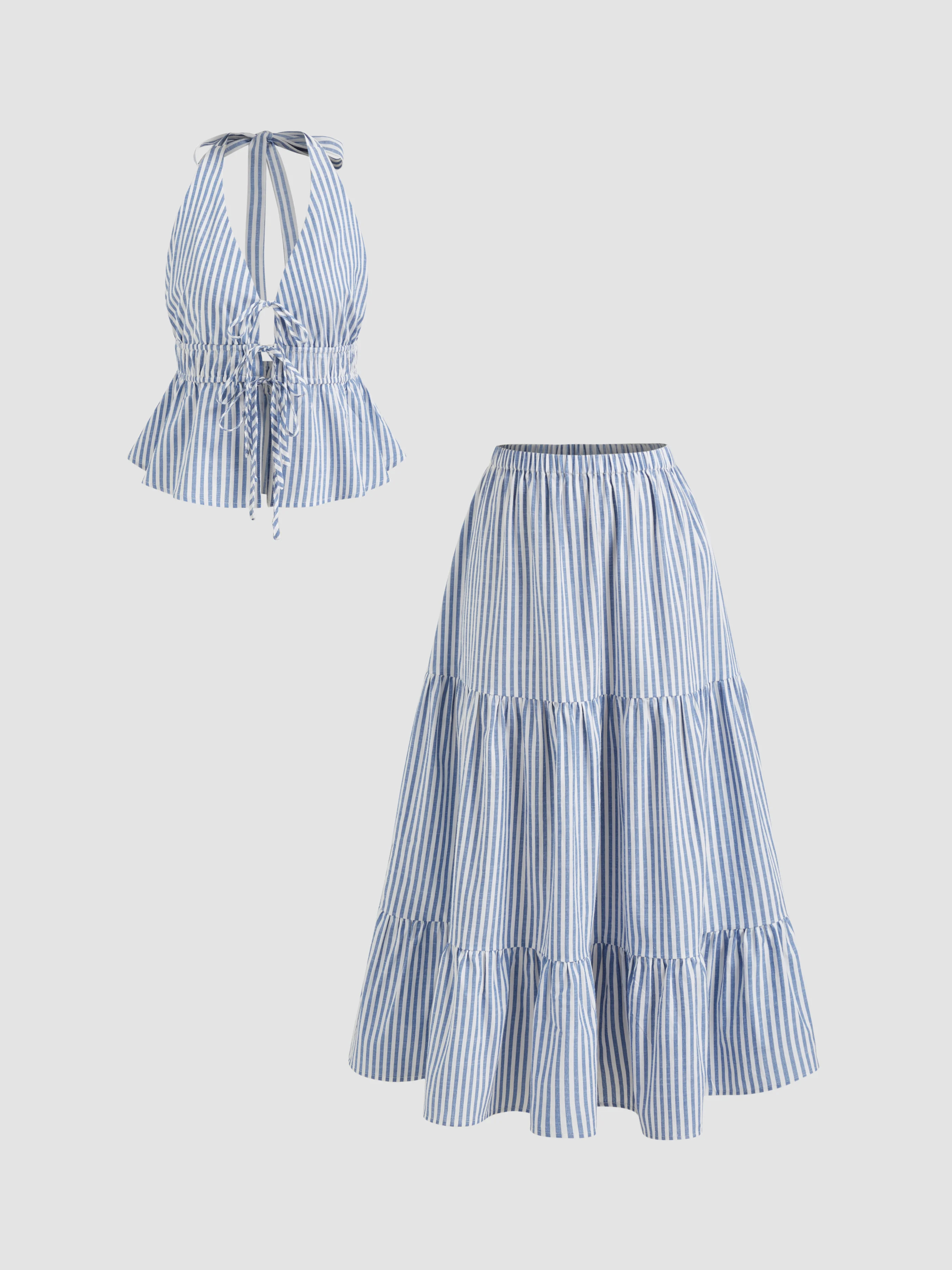 Woven Cotton-blend Halter Neckline Stripe Tie Front Shirred Top & Mid Rise Elastic Waist Ruffle M... | Cider