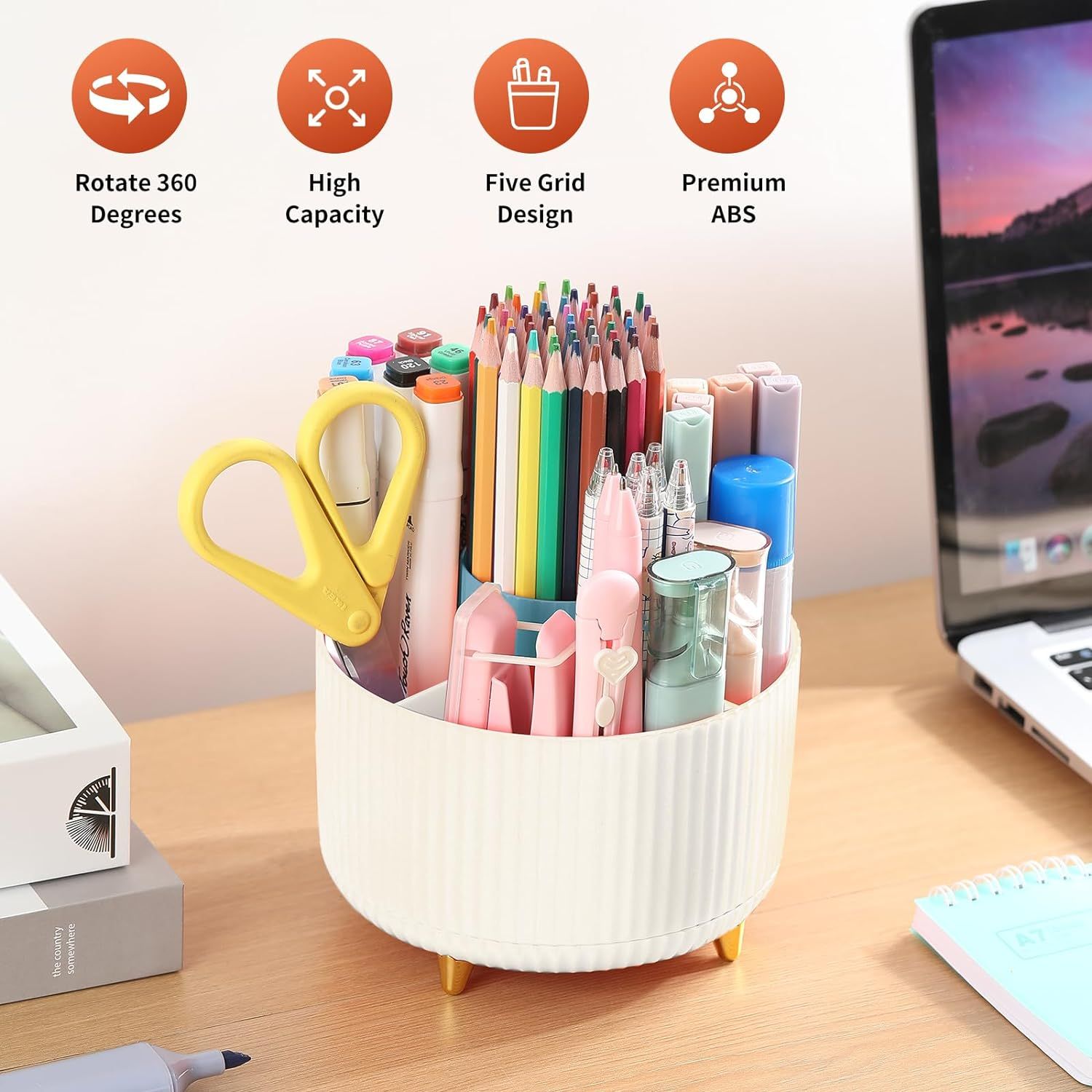 Desk Pencil Pen Holder, 5 Slots 360°Degree Rotating Pencil Pen Organizers for Desk, Desktop Stor... | Amazon (US)