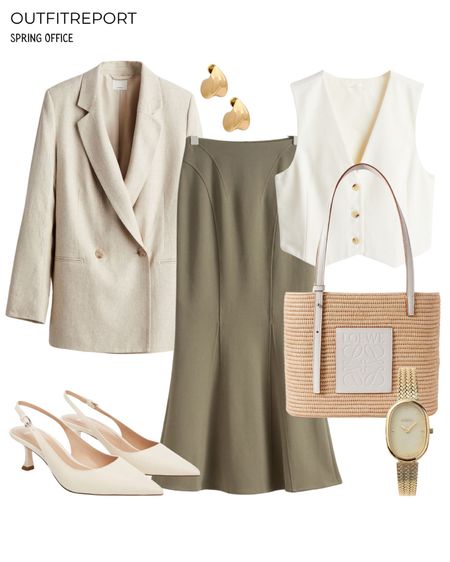 Green maxi skirt white vest blazer sling back outfit for spring office 

#LTKworkwear #LTKshoecrush #LTKstyletip