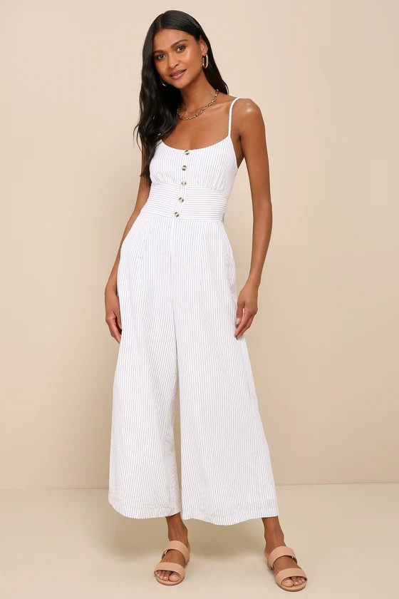 Coastal Air White Striped Tie-Back Culotte Jumpsuit | Lulus