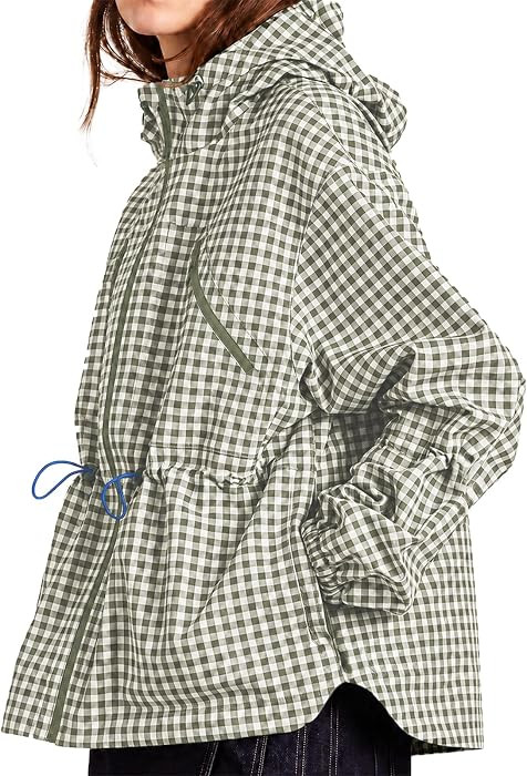 Fisoew Womens Rain Jacket Waterproof Plaid Raincoat Hooded Windbreaker | Amazon (US)