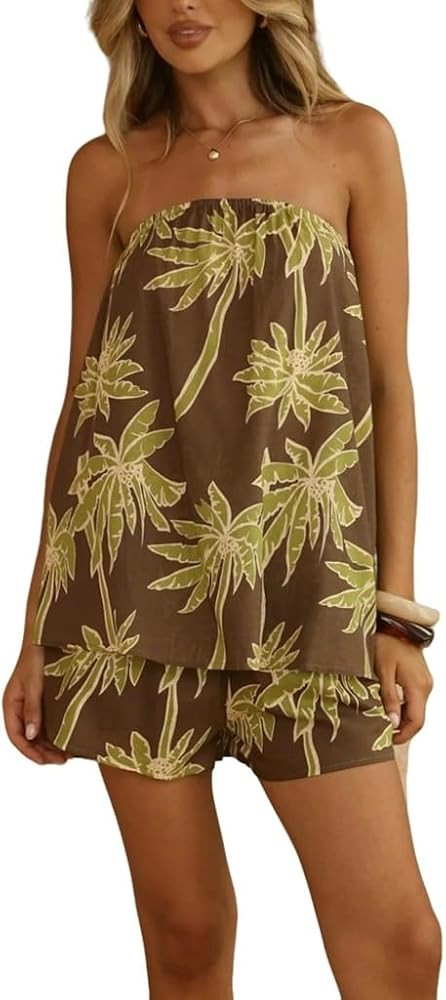 Two Piece Sets for Women Summer Floral Print Tube Top and Shorts Vacation Clothes | Amazon (US)