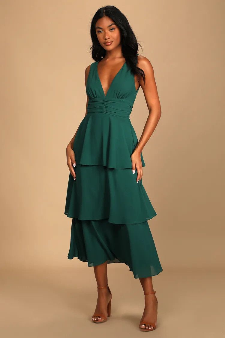 Celebration Time Emerald Green Sleeveless Tiered Midi Dress Wedding Guest Dress #LTKwedding | Lulus (US)