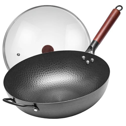 WANGYUANJI Hammered Wok 13.4",Carbon Steel Wok Pan with Long Wooden Handle, Flat Bottom pan for All Stoves, Black | Amazon (US)