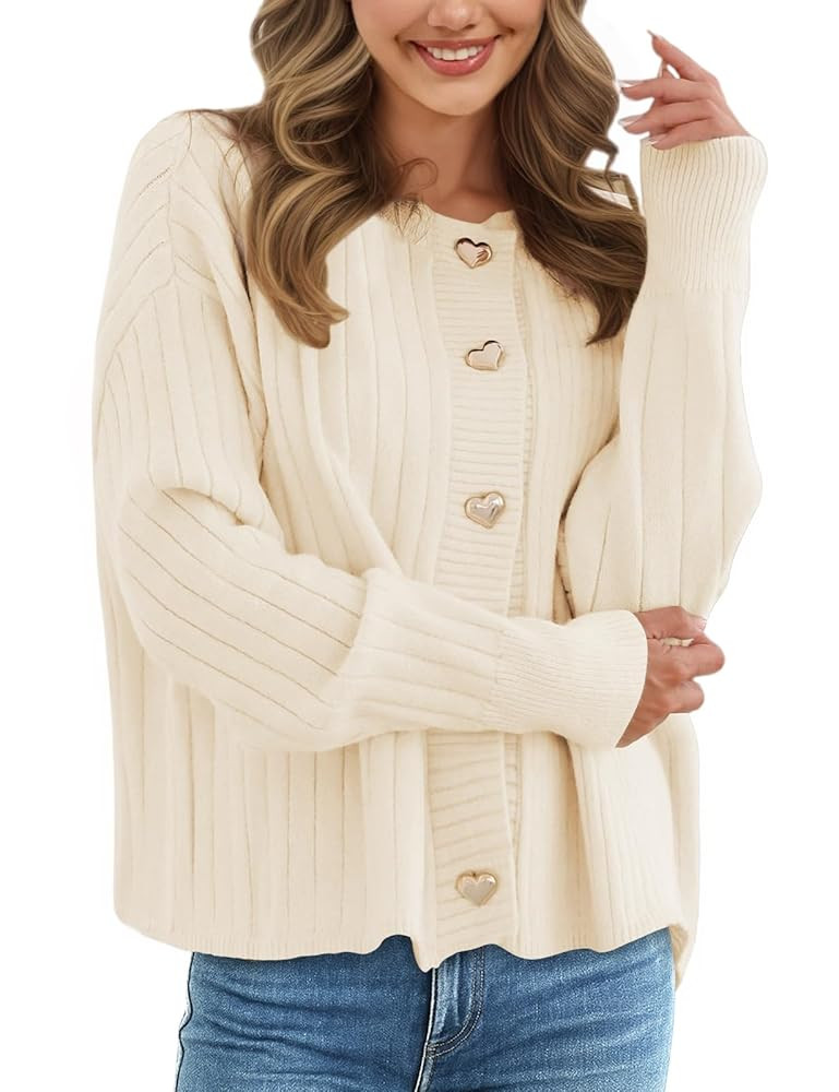 CiCiBird Women's Long Sleeve Metal Button Cardigan Sweater Ribbed Crew Neck Knit Jacket 2025 Fall... | Amazon (US)