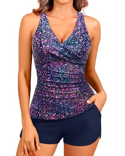 Women Star Whole Sky Tankini Swimsuits with Shorts - Two Piece Tummy Control Bathing Suits Top with Two Pockets Bottom Swimwear XL | Amazon (US)