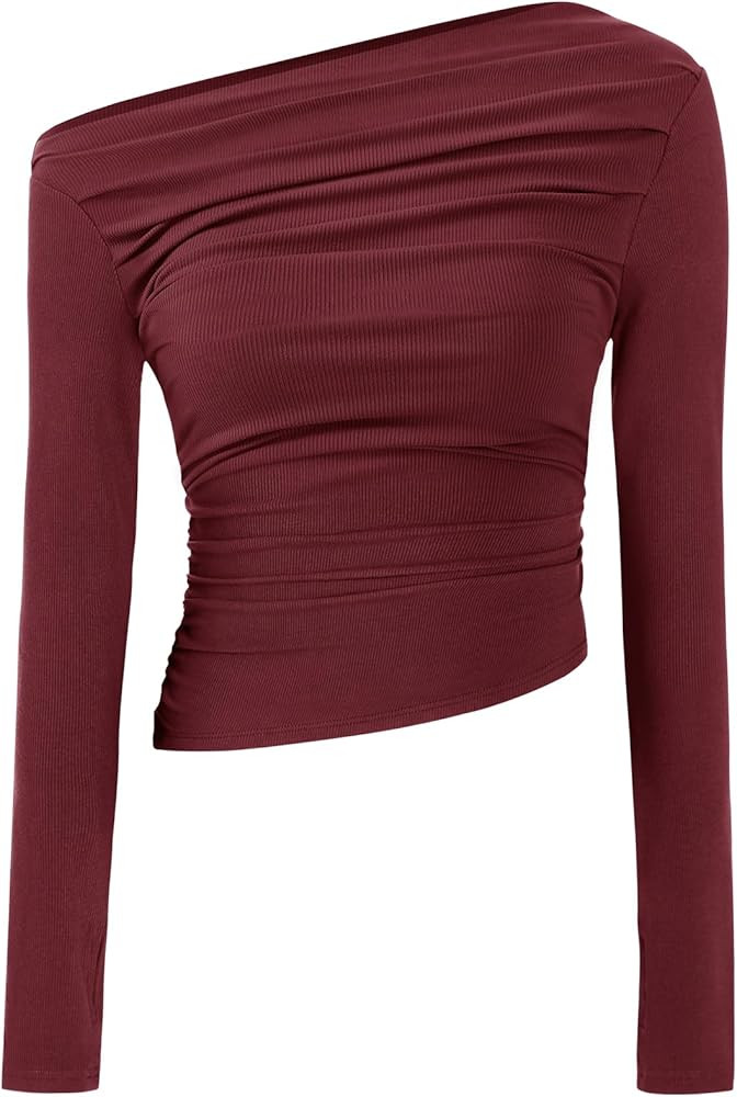TARSE Women's Long Sleeve Off Shoulder Tops Sexy Going Out Slim Fit Knit Asymmetrical Ruched Shir... | Amazon (US)