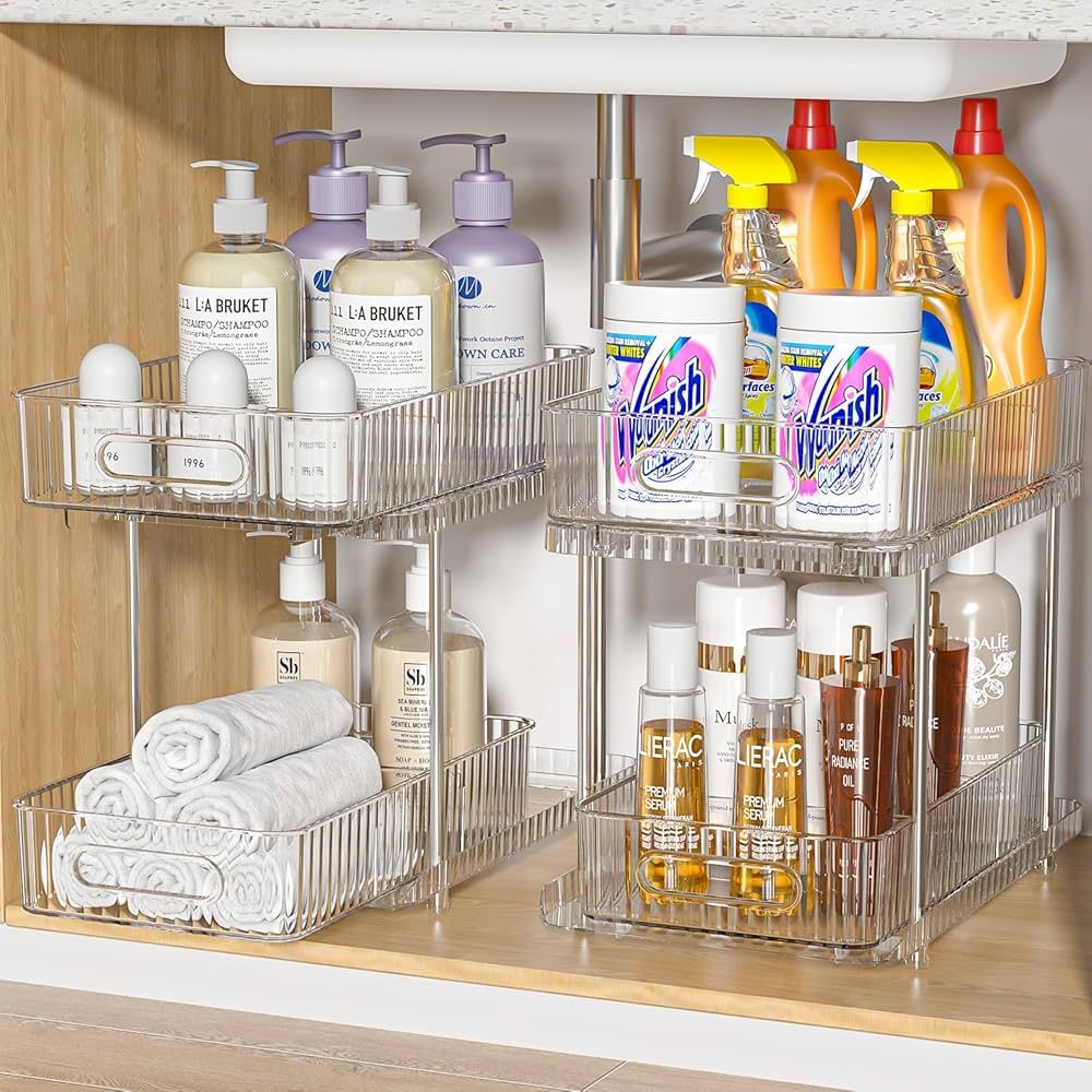 Fowooyeen 2 Pack Bathroom Cabinet Organizer, 2 Tier Pull Out Clear Under Sink Organizers and Stor... | Amazon (US)