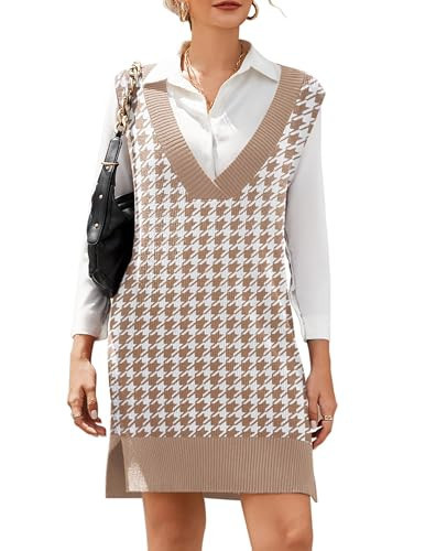 HOTOUCH Women Sleeveless Sweater Vest Dress V Neck Casual 2025 Knitted Oversized Short Pullover Sweater Dress, Houndstooth Small | Amazon (US)