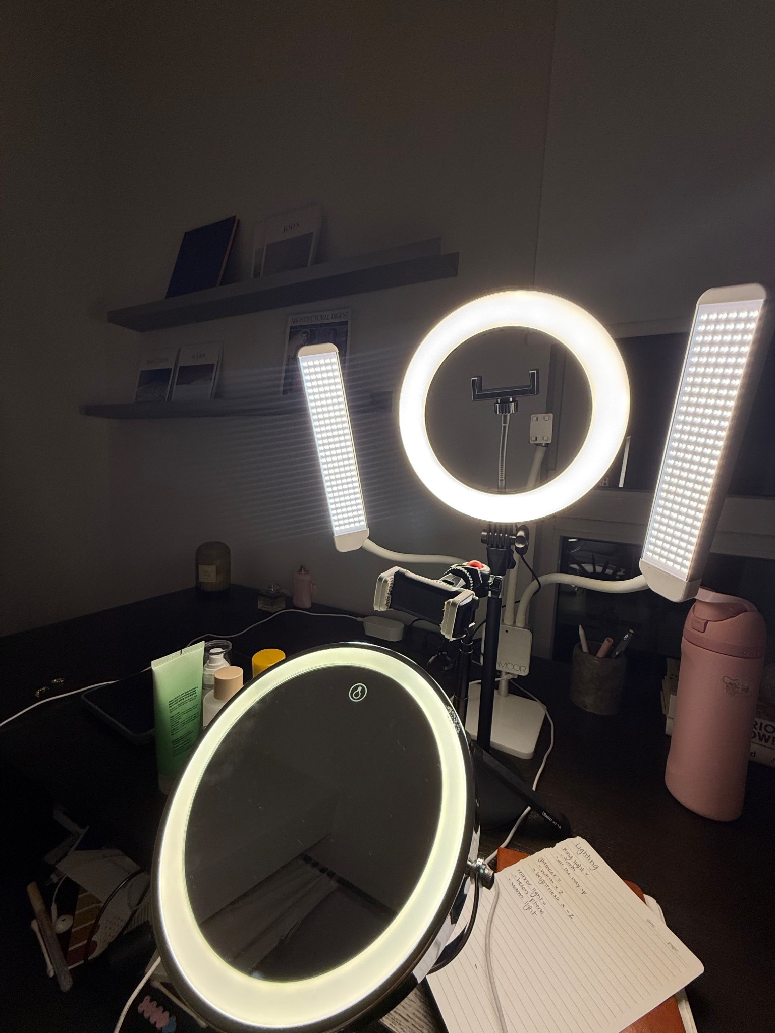 LIGHTING SET UP //
Glamcor: warm +2 , brightness -2
Ring light: warm setting, brightness all the way up 
Mirror light: warm setting 

#LTKBeauty #LTKTravel #LTKHome