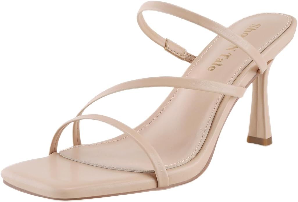 Shoe'N Tale Strappy Heels for Women Stiletto Mules Square Open Toe Slip On Sandals | Amazon (US)