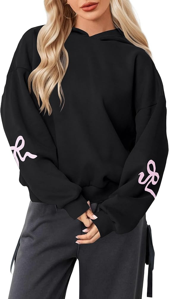 MISSACTIVER Women Oversized Bow Print Hooded Sweatshirt Fleece Long Sleeve Drop Shoulder Graphic ... | Amazon (US)