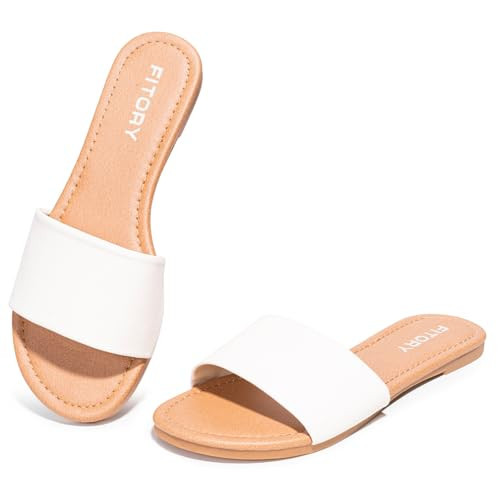 FITORY Women's Slide Sandals Fashion Round Toe With Classic Single Strap Slippers for Summer Size 9 White | Amazon (US)