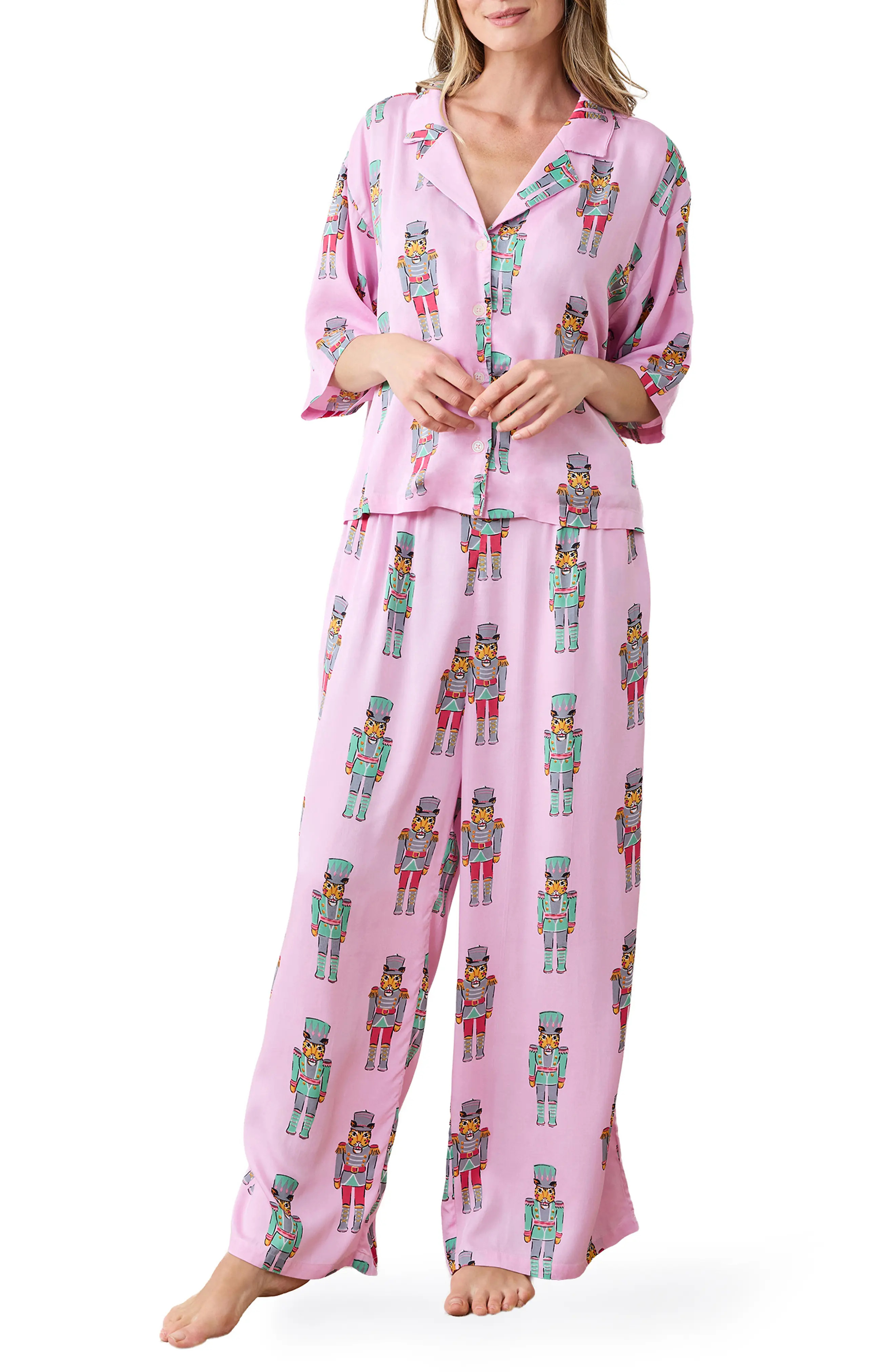Printfresh Wildest Dreams Leopard Nutcracker Satin Pajamas in Pink Candy Cane at Nordstrom Rack, Size Medium | Nordstrom Rack