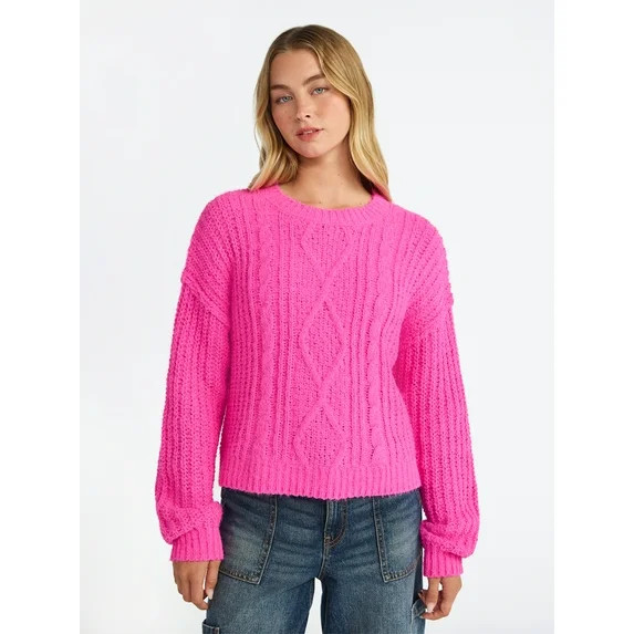 No Boundaries Cable Knit Sweater, Midweight, Women's | Walmart (US)