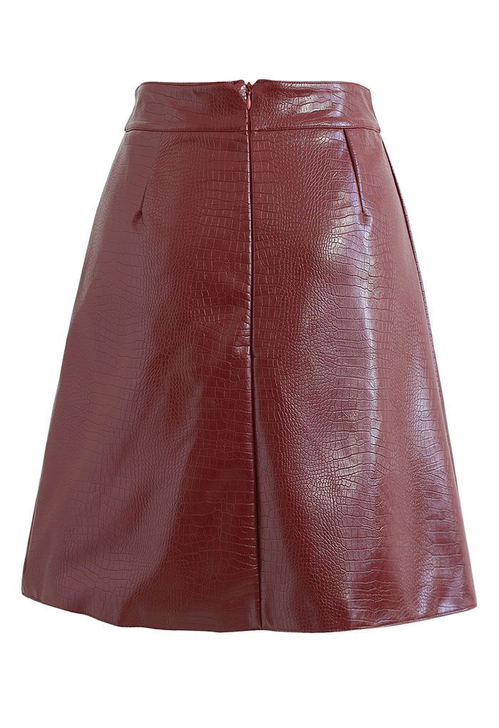Crocodile Print Faux Leather Skirt in Burgundy | Chicwish