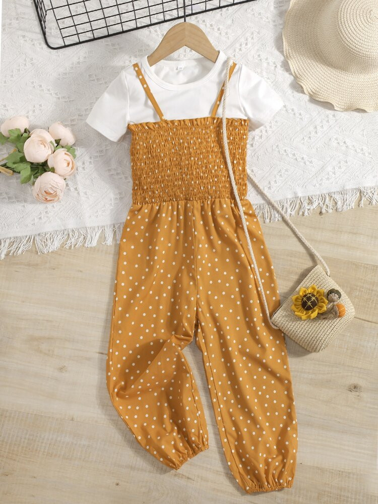 Toddler Girls Polka Dot Shirred Cami Jumpsuit & Solid Tee | SHEIN