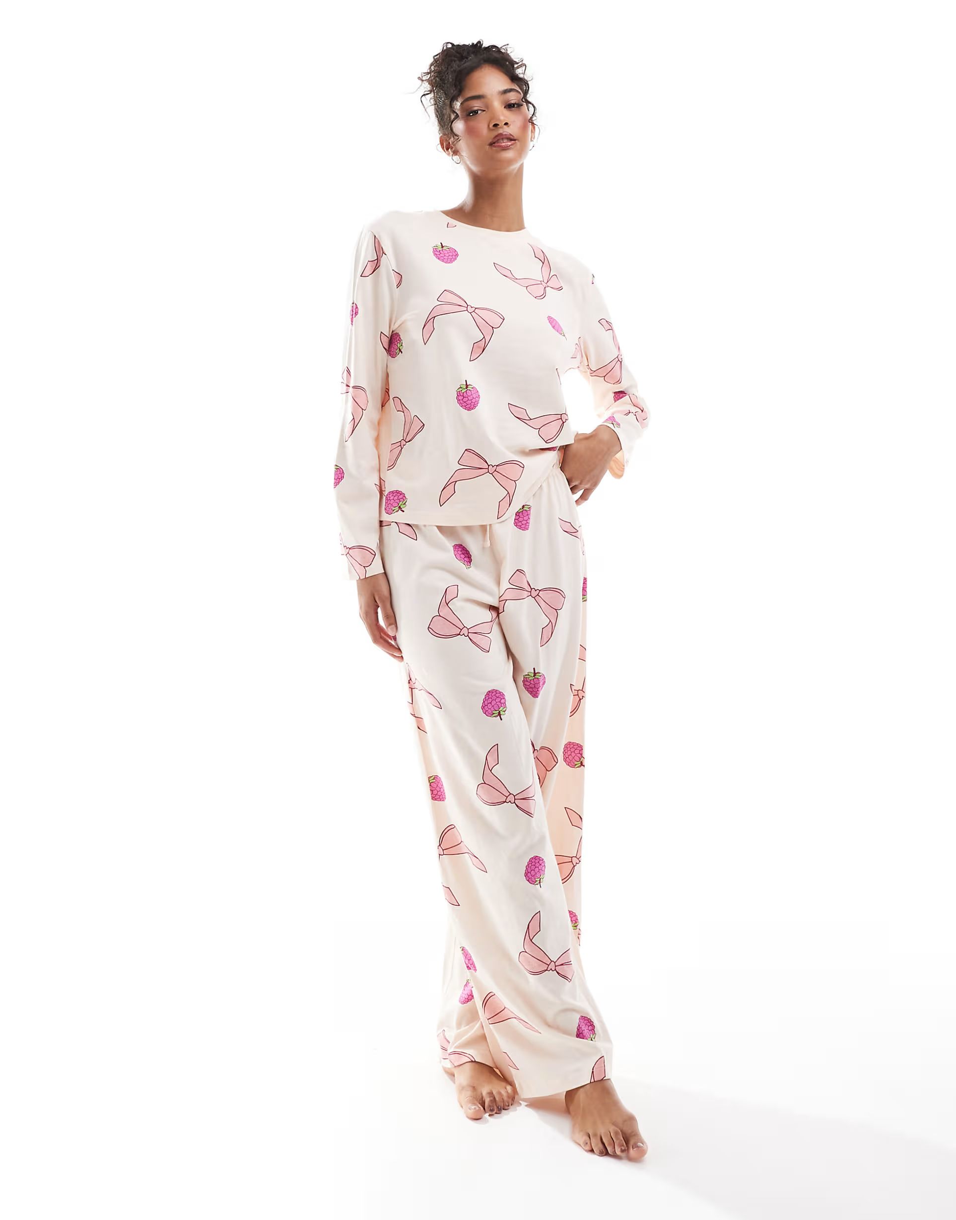 ASOS DESIGN bow and fruit long sleeve top & trouser pyjama set in pink | ASOS (Global)