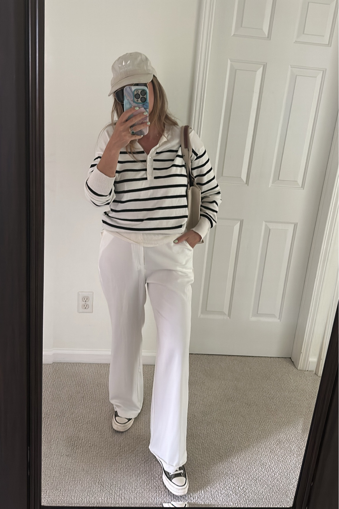 White dress pants outfit knit top Henley top from Amazon how to wear trousers with sneakers 