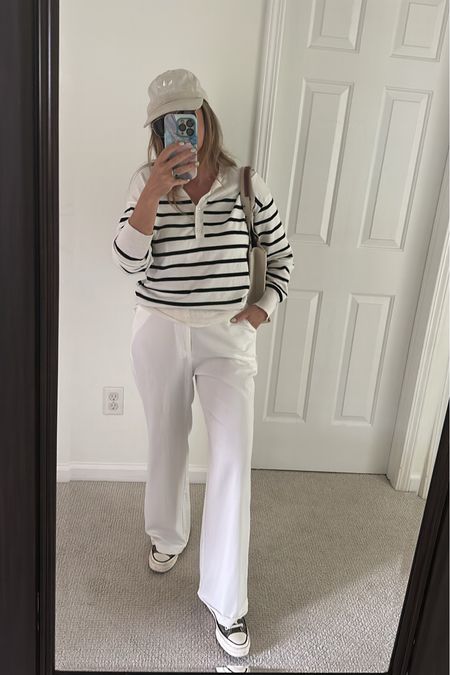White dress pants outfit knit top Henley top from Amazon how to wear trousers with sneakers 