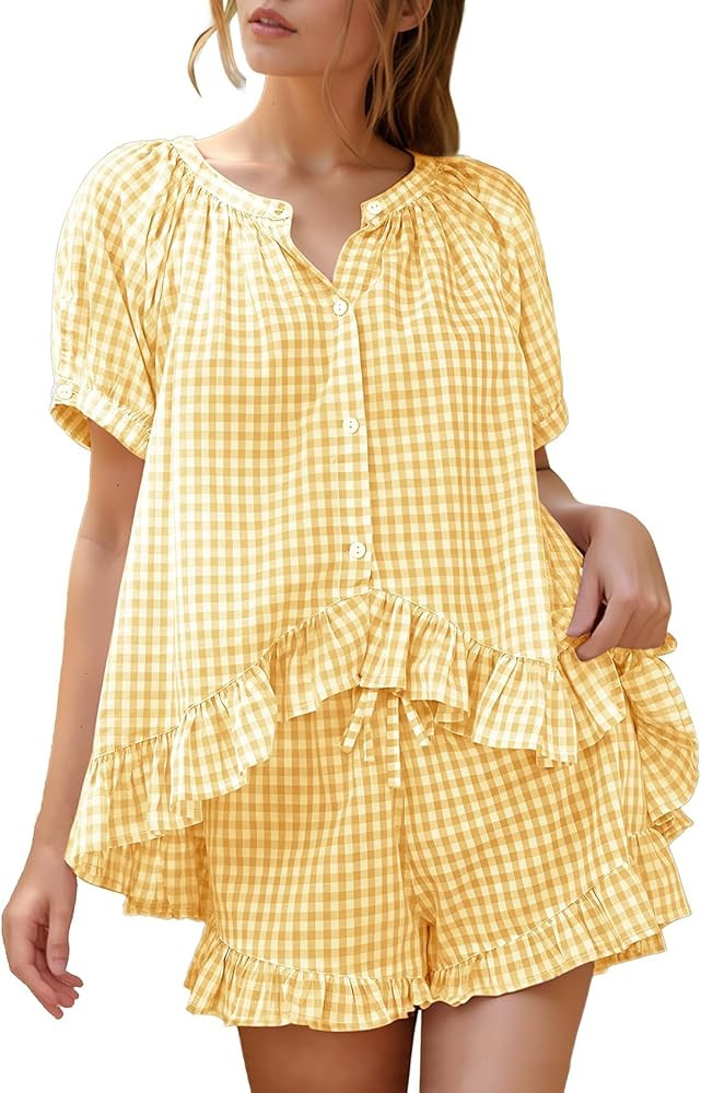 Flygo Womens Gingham Pajamas Set 2 Piece Cotton Pj Lounge Sets Puff Sleeve Ruffle Babydoll Shirt ... | Amazon (US)