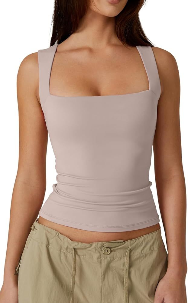 QINSEN Women's Square Neck Sleeveless Double-Layer Tank Tops Basic Tight T Shirts | Amazon (US)