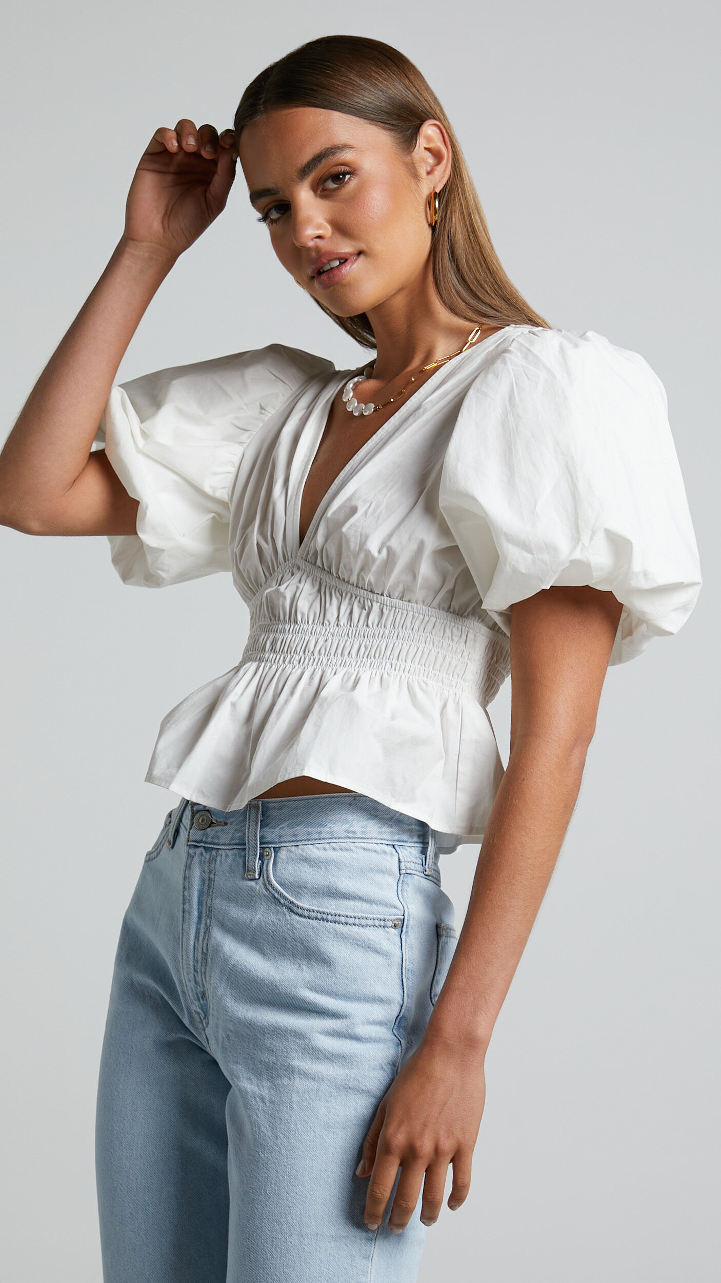 Mellie Top - Puff Sleeve Peplum Top in White | Showpo (US, UK & Europe)