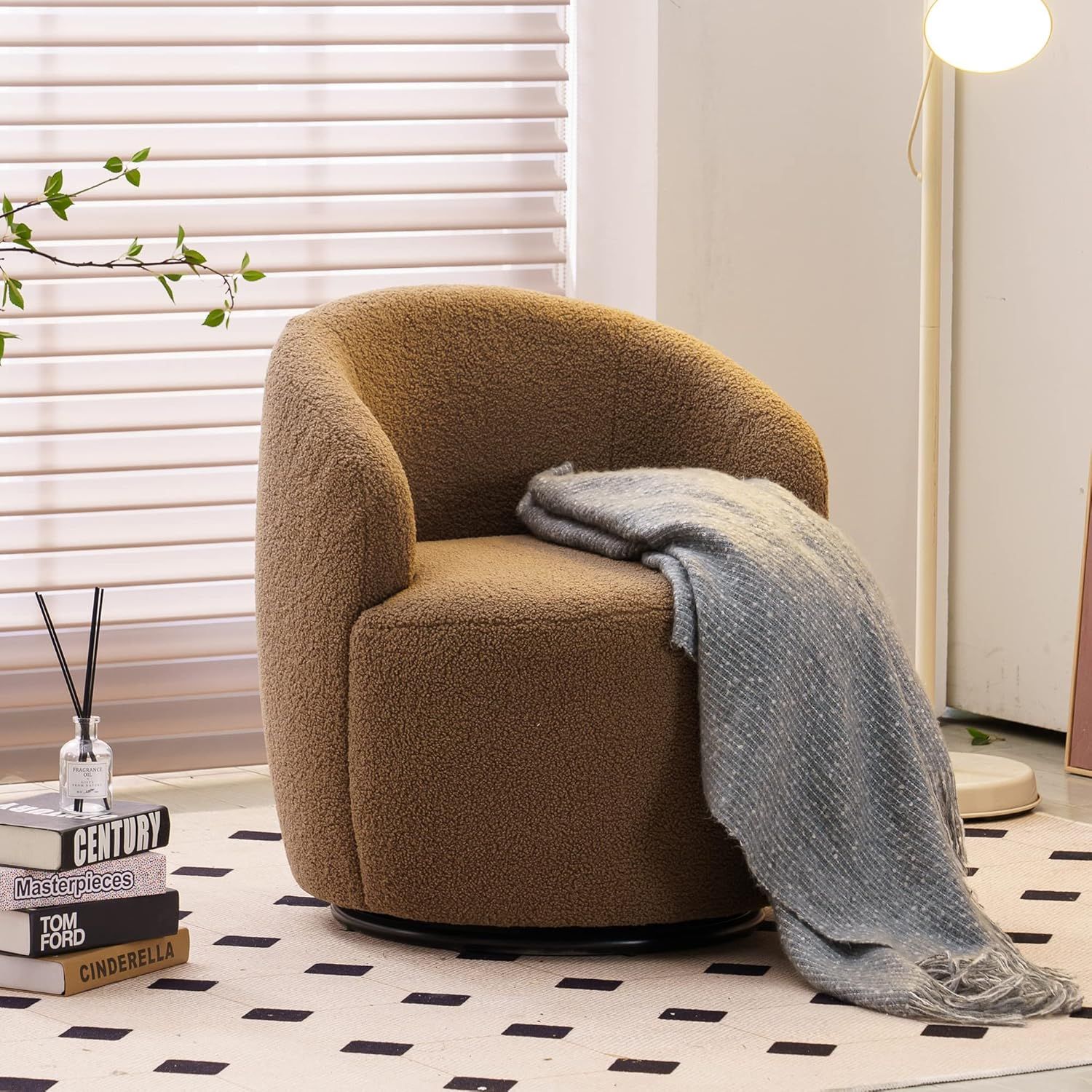 Swivel Accent Chair, Teddy Fabric Armchair, Modern Barrel Chair with Balck Metal Base, Brown | Amazon (US)