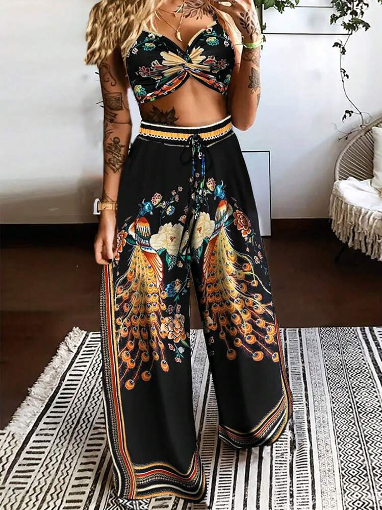 Breezaya Phoenix Printed Knot Crop Top And Drawstring Waist Long Pants Set (Top With Random Cut H... | SHEIN
