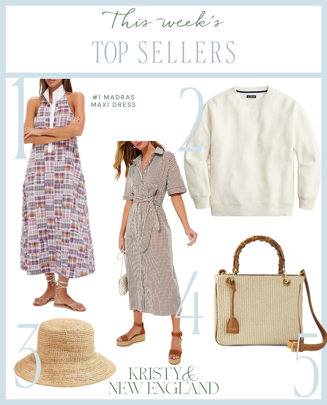 Tis week’s top sellers #1 Madras Maxi Dress #2 Heritage Fleece Sweatshirt (on sale) #3 Raffia Bucket Hat #4 Brown Gingham Dress #5 Woven Raffia & Bamboo Crossbodyy

#LTKFindsUnder100 #LTKItBag #LTKSaleAlert