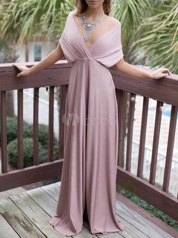 Pink Maxi Dress Designed Neckline Short Sleeve Lace Up Long Dress For Women | Milanoo