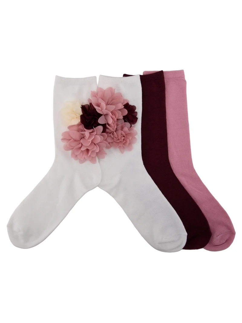 Weekend Academy Girls\u2019 3-Pack Floral Appliqu\u00e9 Crew Socks Sizes S-L | Walmart (US)