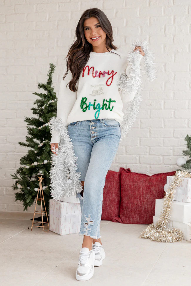 Merry And Bright Tinsel Cream Sweater | Pink Lily