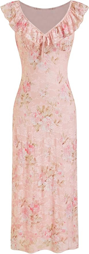 CIDER Women's Summer Floral Wedding Guest Dress Formal Ruffle Cocktail Dresses Cute V Neck Maxi D... | Amazon (US)