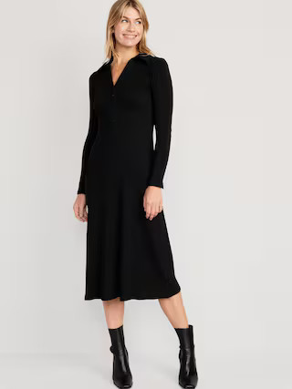 Fit &amp; Flare Long-Sleeve Henley Midi Dress for Women | Old Navy (US)