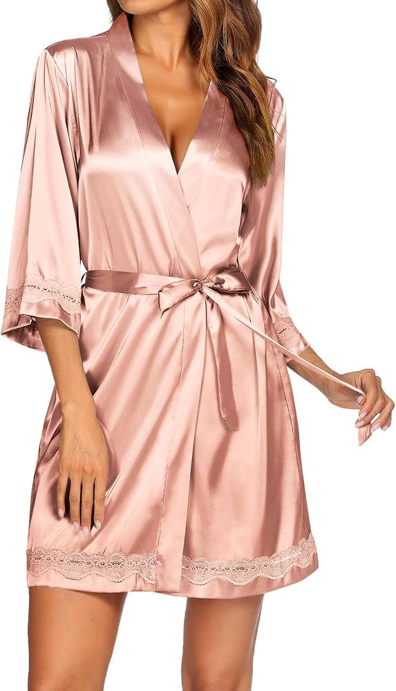 Ekouaer Women's Lace-Trim Silk Robes Bride Bridesmaid Kimono Satin Bathrobe V Neck Sleepwear with... | Amazon (US)