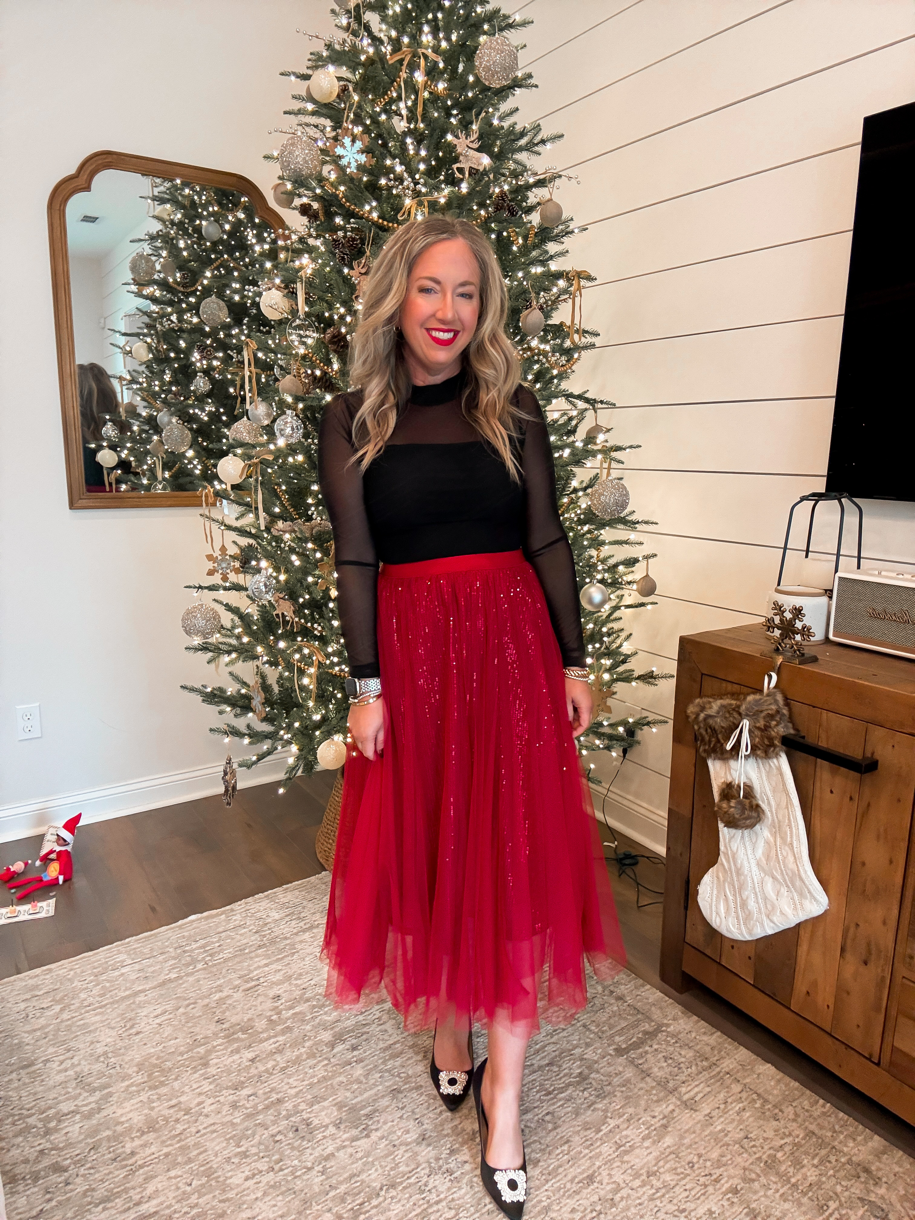 Elegant holiday outfit inspo. ✨ Christmas outfit, red sequin tulle midi skirt, holiday party, Christmas event, black flattering top, date night outfit, look for less heels, Amazon fashion. 
 

 #LTKHoliday #LTKootd #LTKFindsUnder50