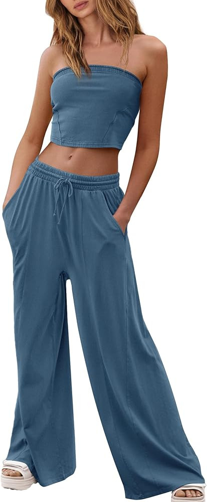 Yanekop Womens 2 Piece Lounge Set Tube Top and Pants Set Travel Sexy Two Piece Outfits Summer Bea... | Amazon (US)