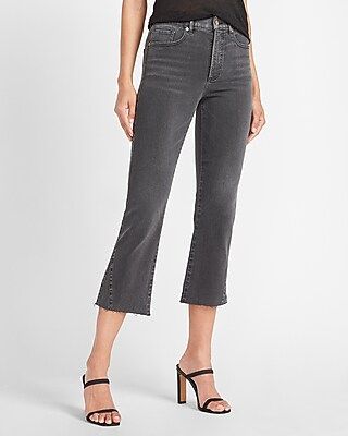 High Waisted Black Raw Hem Cropped Flare Jeans | Express