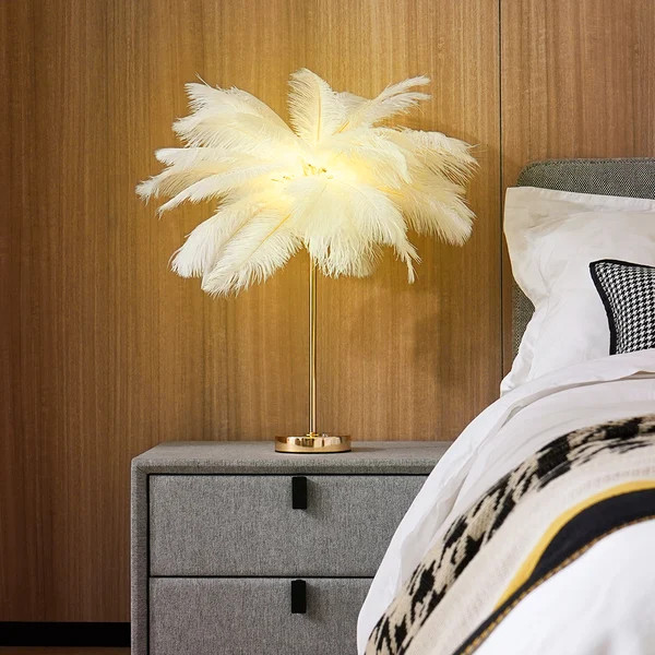 Loftus Art Deco Gold Portable Table Lamp with White Feather USB Charging & Dimmable | Homary