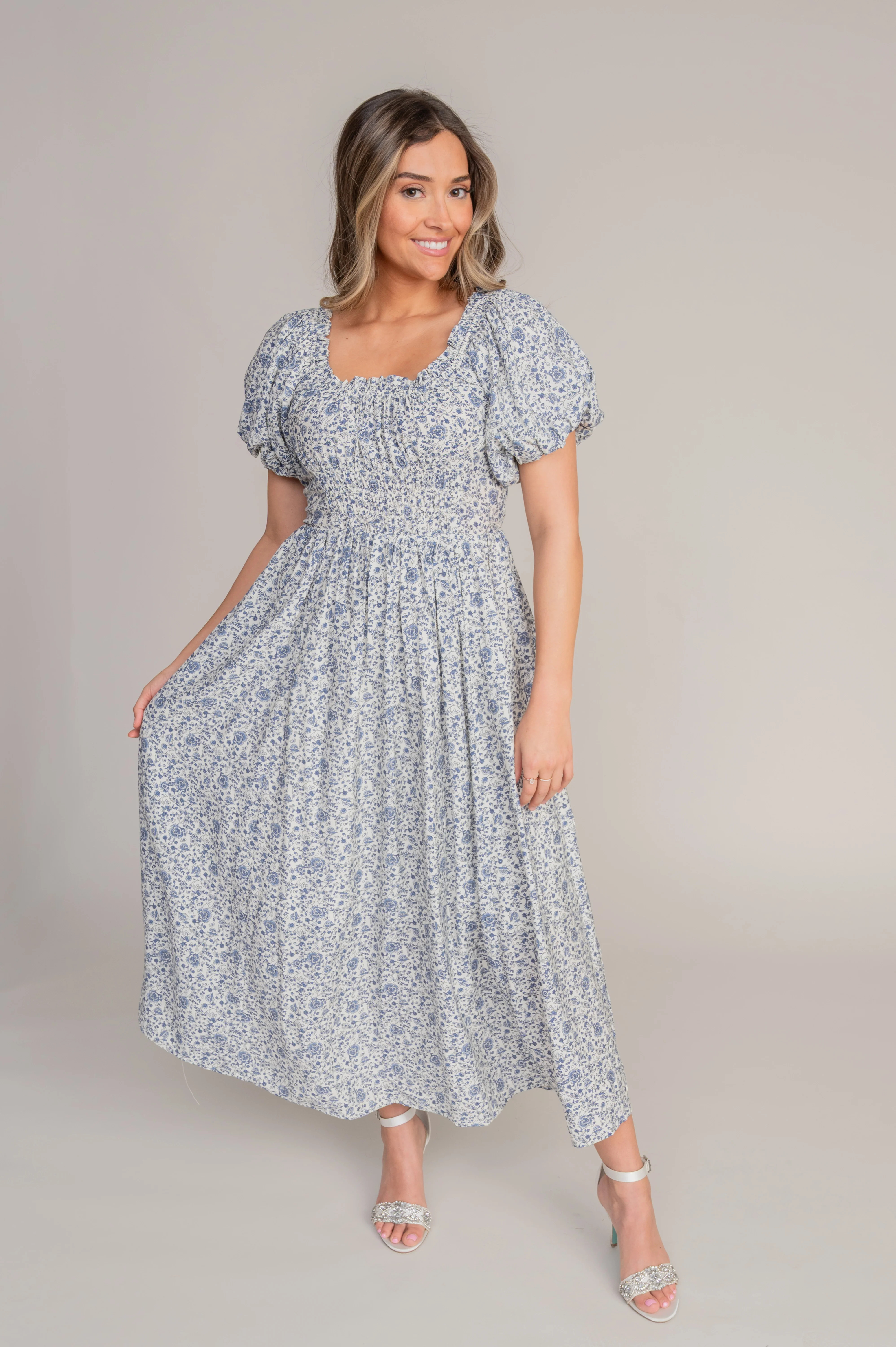 Sutton Denim Blue Floral Dress | DM Fashion