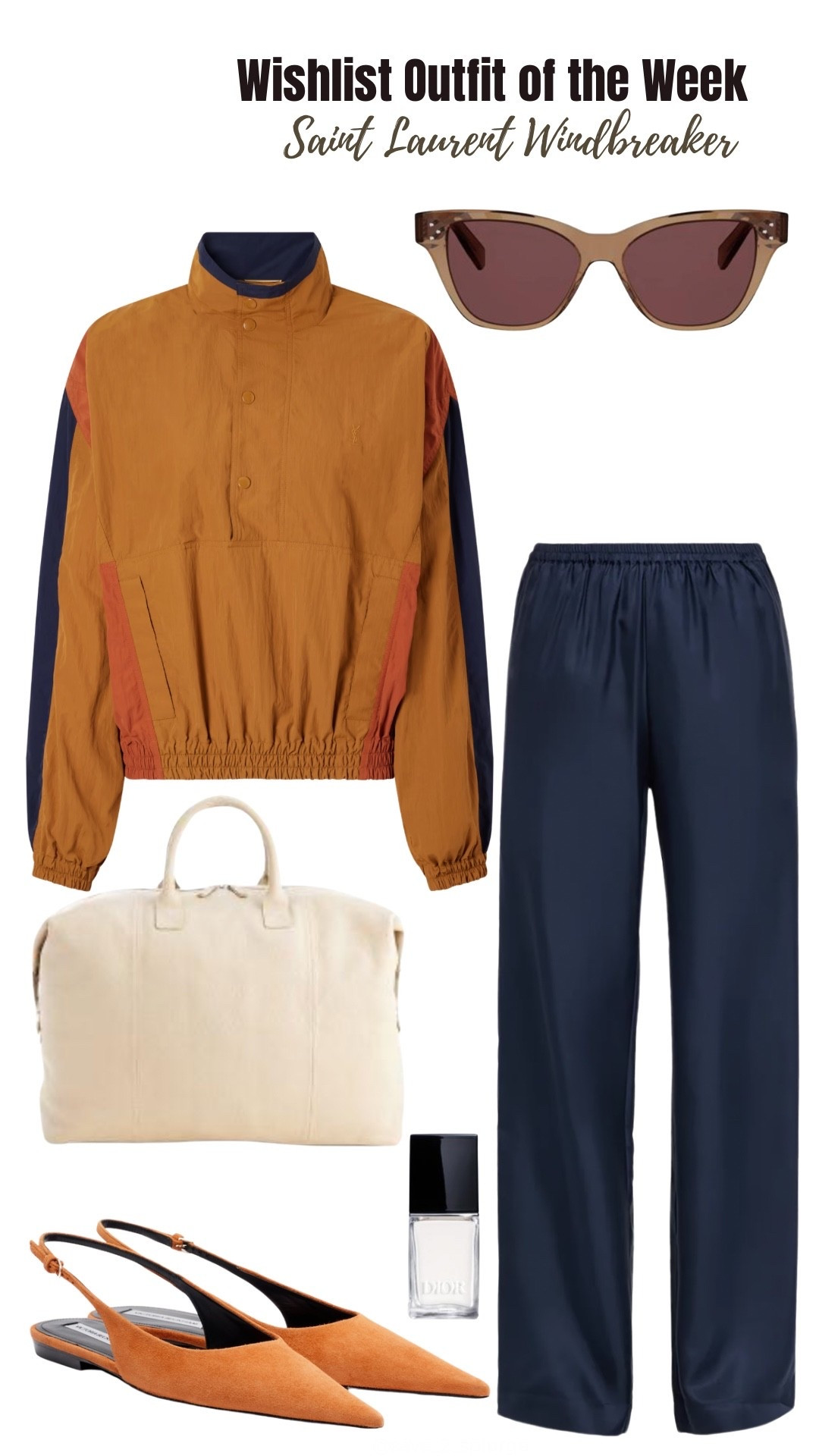 If you’re feelin’ SPLURGE-Y, here’s this week’s Wishlist Outfit of the Week

Saint Laurent Cropped Windbreaker

Navy Satin Wide Leg Pants - Loulou De Saison
Taupe Leather Weekender Duffle Bag - ROYCE New York
White Nail Polish - Dior (color: 007 jasmine)
Suede Slingback Flats - Victoria Beckham
Orange Brown Cat Eye Sunglasses - Celine

#LTKootd #LTKSeasonal #LTKOver40