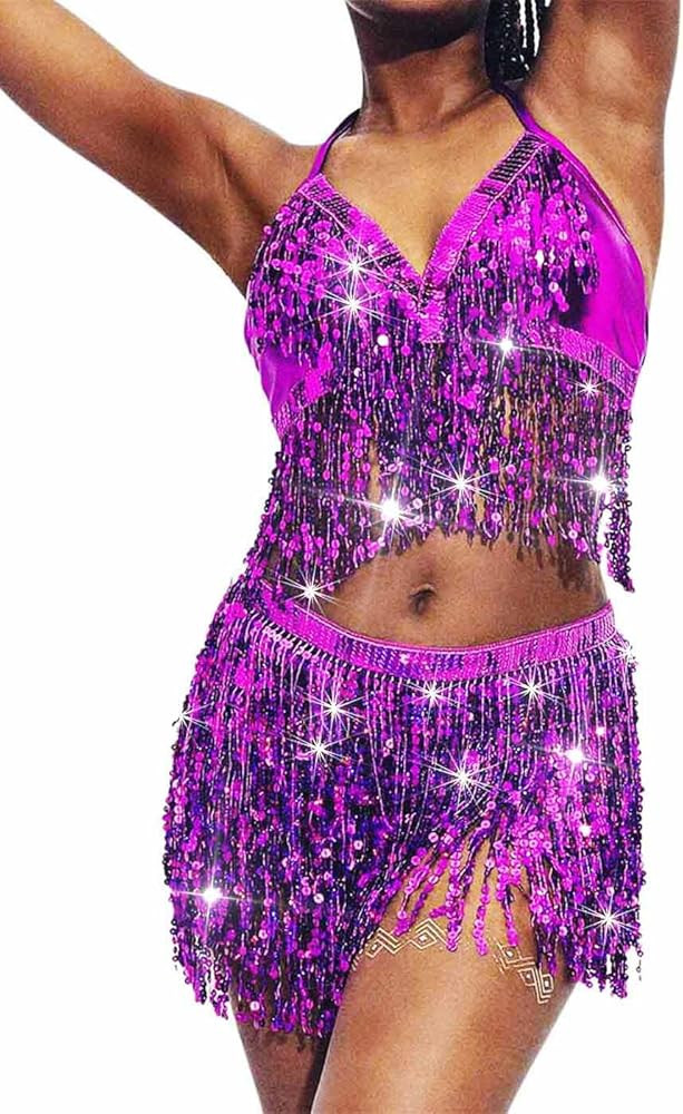 EARENT Belly Dancer Outfit Fringe Sequin Skirts Sets for Women | Amazon (US)