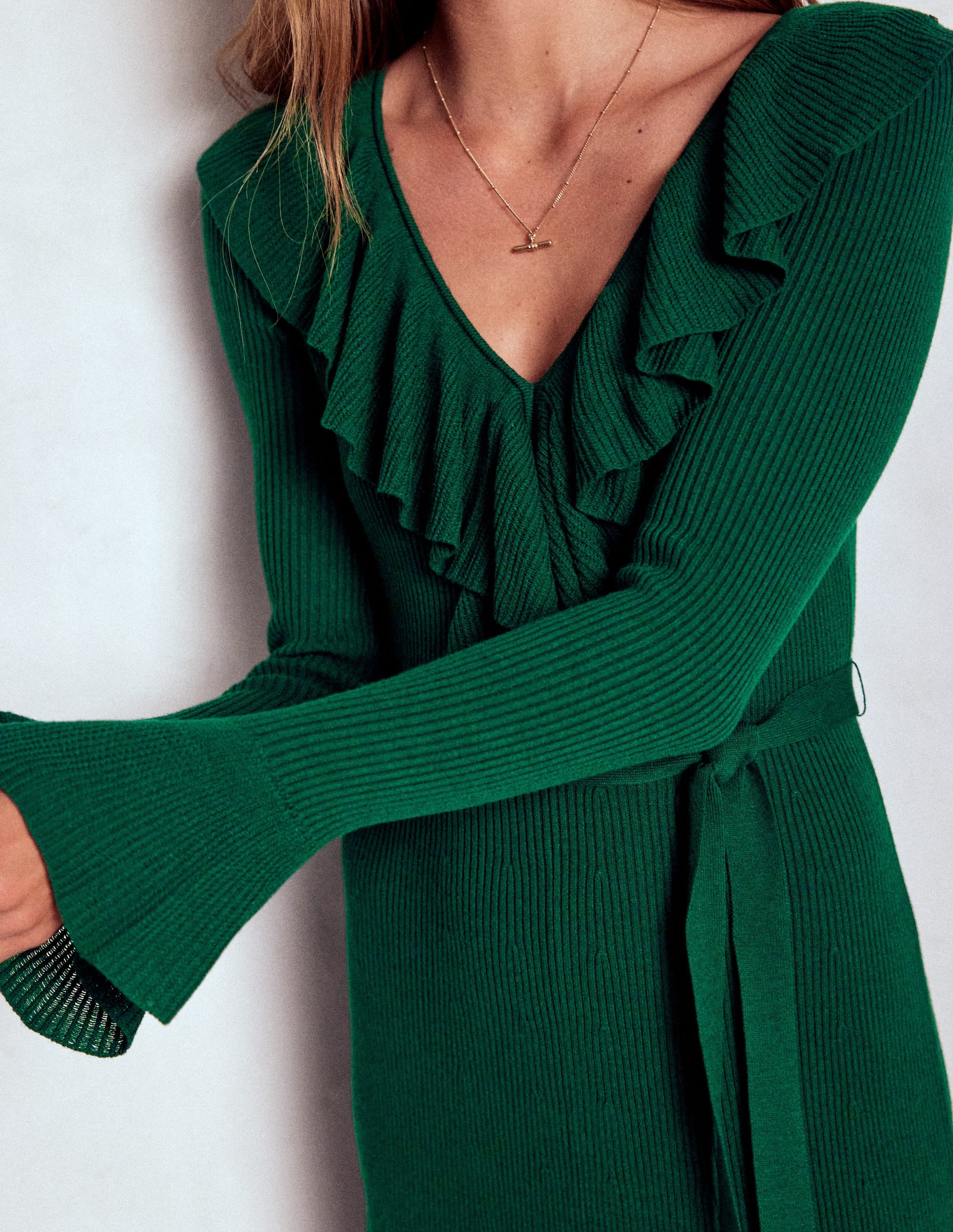 Ruffled Ribbed Dress-Emerald Night | Boden (US)