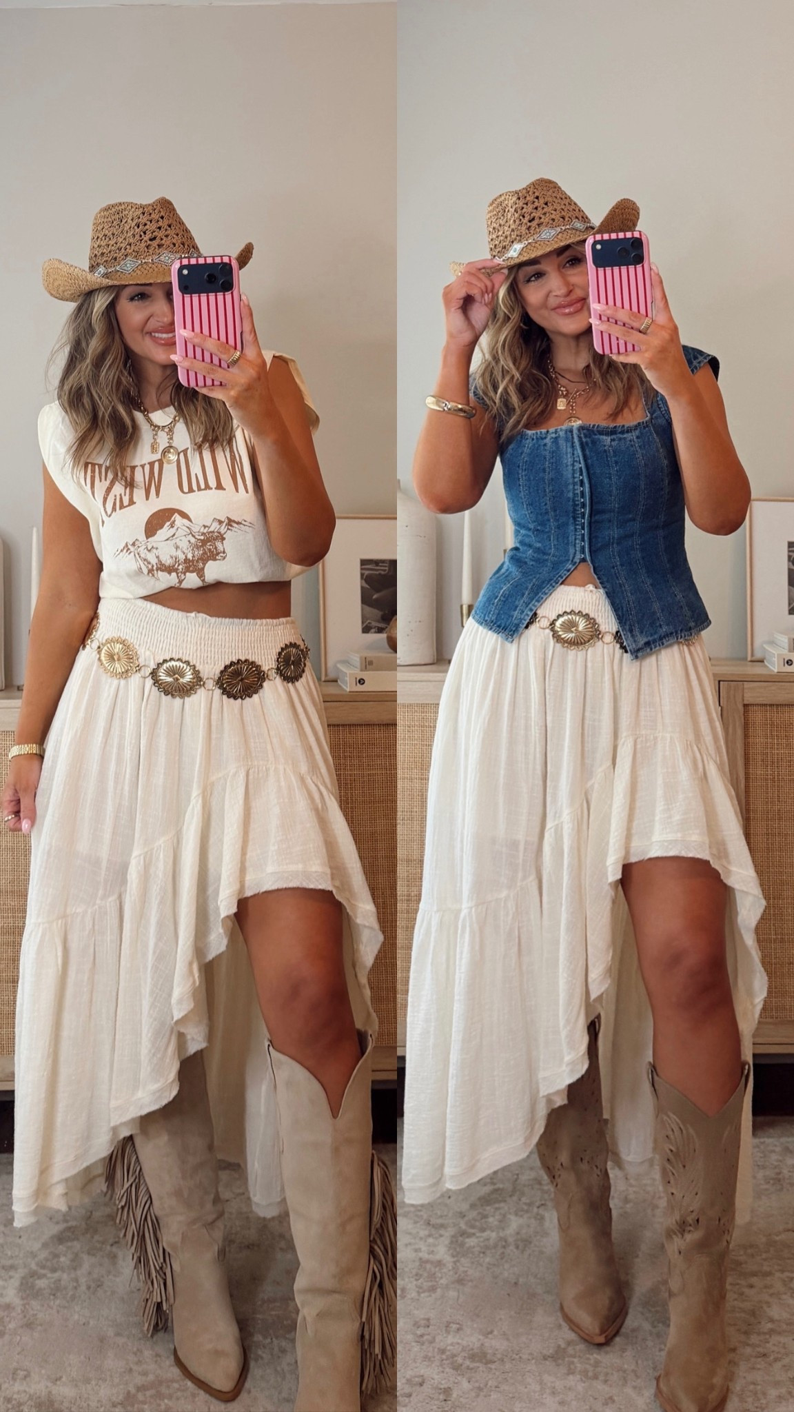 35% off with LEANN35 if expired use LEANN30 one skirt styled two ways! which way would you wear it?! western chic concert/festival outfit idea! size S tops, M skirt. concert outfit, western chic outfit, festival outfit @VICI 

#LTKootd