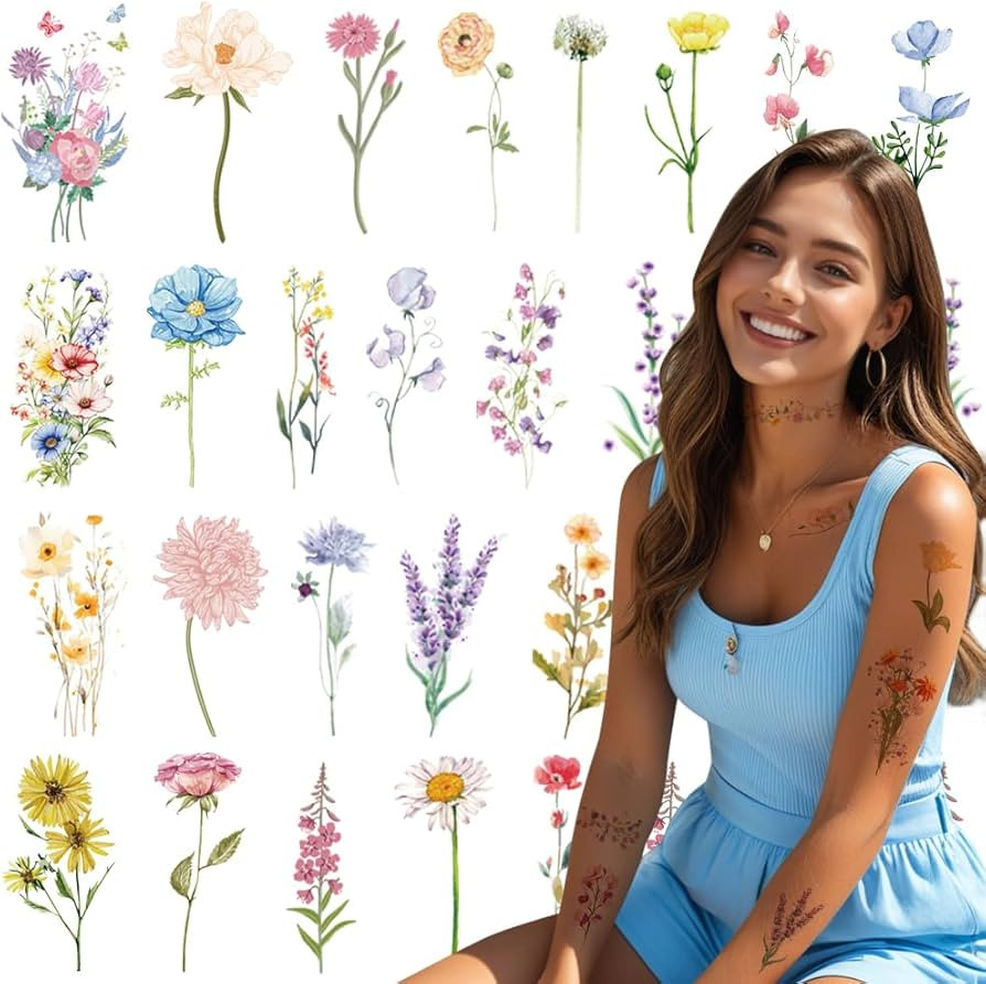 18 Sheet Flower Temporary Tattoos For Women Realistic Long Lasting Floral Fake Tattoo Stickers Ad... | Amazon (US)