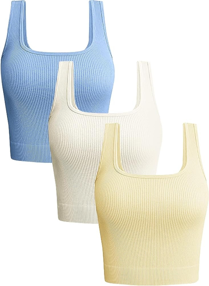 OLCHEE Womens 3 Pack Crop Tank Tops Basic Seamless Ribbed Sleeveless Square Neck Workout Top Summ... | Amazon (US)